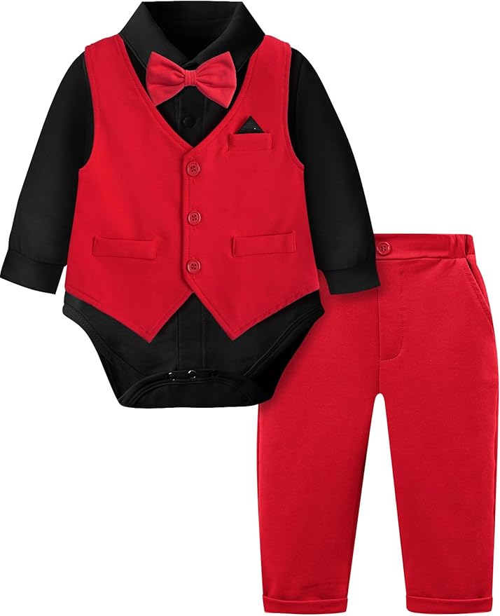 A&J DESIGN Baby Boy Suits Clothes Infant Toddler Formal Gentleman Outfits, Dress Shirt + Vest + Bow Tie + Pants Wedding Set