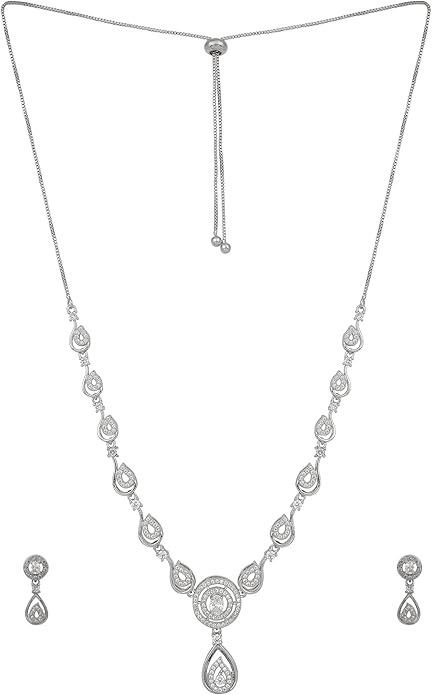Nilu's Collection American Diamond Stone Studded | Rose Gold/Silver Plated | Anti Tarnish Jewellery Set for Women | Matching Earrings Perfect for Weddings and Special Occasions