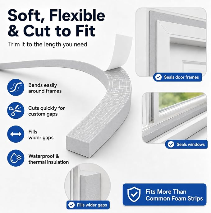 66FT EVA Foam Weather Stripping Door Seal, Self-Adhesive Weatherstrip Tape - Image 3