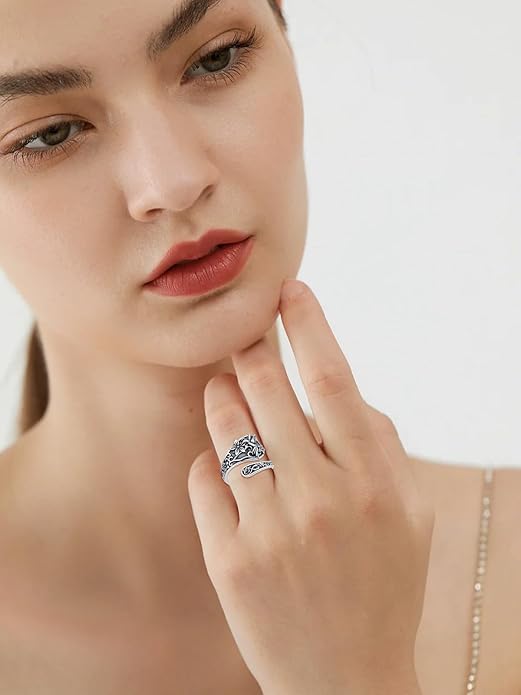 Midari Sun and Moon/Bee/Celtic/Life of Tree/Lotus Spoon Ring for Women 925 Sterling Silver Adjustable Ring Open Ring for Women Men Halloween Birthday Gift