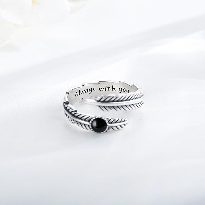 Turquoise/Moss Agate/Moonstone/Black Onyx/Lapis Lazuli/Labradorite/Tiger Eye Feather Ring 925 Sterling Silver Adjustable Ring Western Thumb Rings Vintage Jewelry Gifts for Women