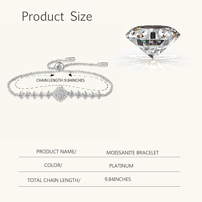 14K White Gold Over S925 Sterling Silver Princess/Round Cut D-color VVS1 Diamond Bracelet, Adjustable Chain with 0.7ct/0.5ct/1ct Diamond, Ideal Surprise for Trendy Women