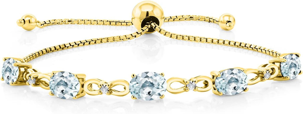 Gem Stone King 7X5MM Oval Cut Gemstone Birthstone and Accent Lab Grown Diamond Tennis Bracelet For Women In 18K Yellow Gold Plated Silver | Adjustable Bolo Bracelet For Women | Easy-On Easy-Off
