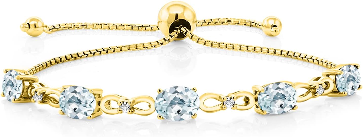 Gem Stone King 7X5MM Oval Cut Gemstone Birthstone and Accent Lab Grown Diamond Tennis Bracelet For Women In 18K Yellow Gold Plated Silver | Adjustable Bolo Bracelet For Women | Easy-On Easy-Off