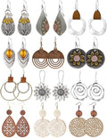 12 Pairs Boho Vintage Geometric Round Earrings Wooden Leather Ethnic Style Vintage Sunflower Earrings Christmas for Women