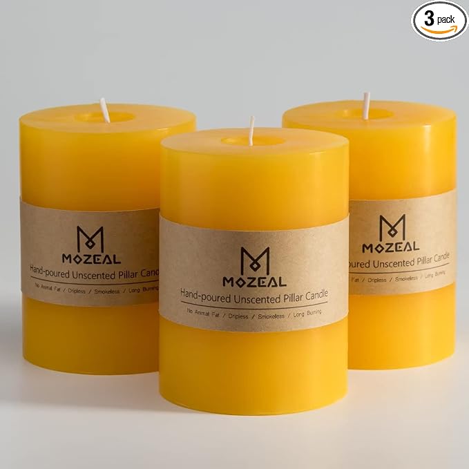 MOZEAL 3" x 4" Hand-Poured Unscented Candle, Dripless Pillar Candle Set of 3 by MOZEAL