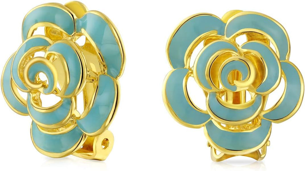 Pink Red Enamel Flower Crystal Edge Spring Retro Floral Rose Clip On Earrings For Women Non Pierced Ears 14K Gold Plated