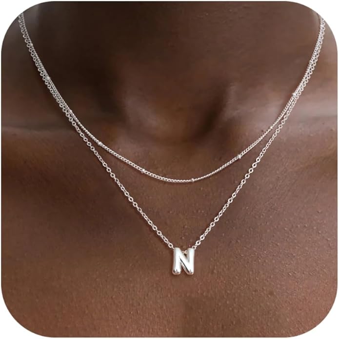 Valentines Day Gifts for Her - Bubble Letter Necklace Layered 14K Gold Plated Initial Necklaces for Women Dainty Cute Choker Pendant Stack Jewelry Fashion Accessories Teen Gift Trendy Stuff