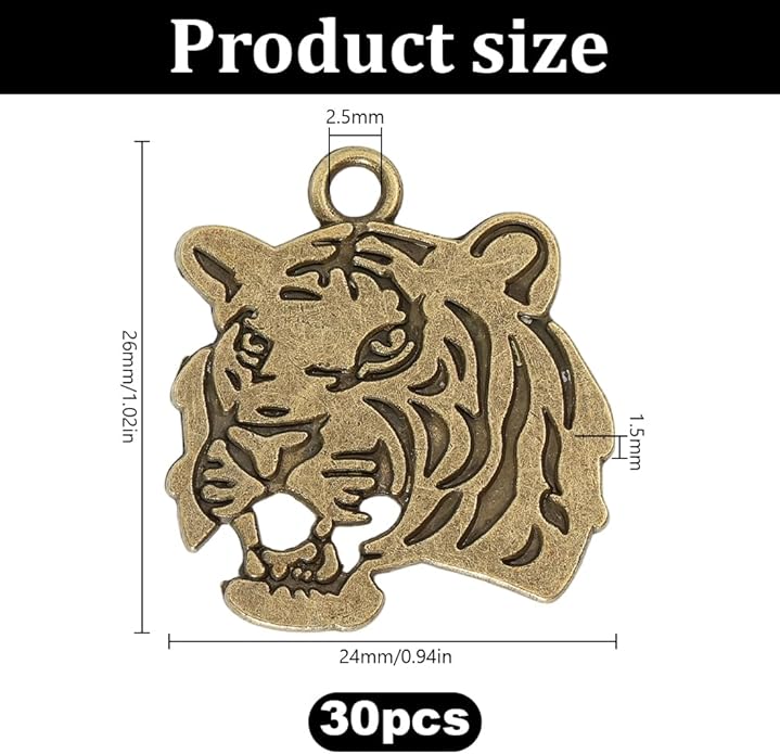 30pcs Tiger Head Charm Animal Tiger Pendants Alloy Tigers Charm Beads Dangle Charms for Jewelry Making Necklace Bracelet Keychain Earring DIY Craft Accessories