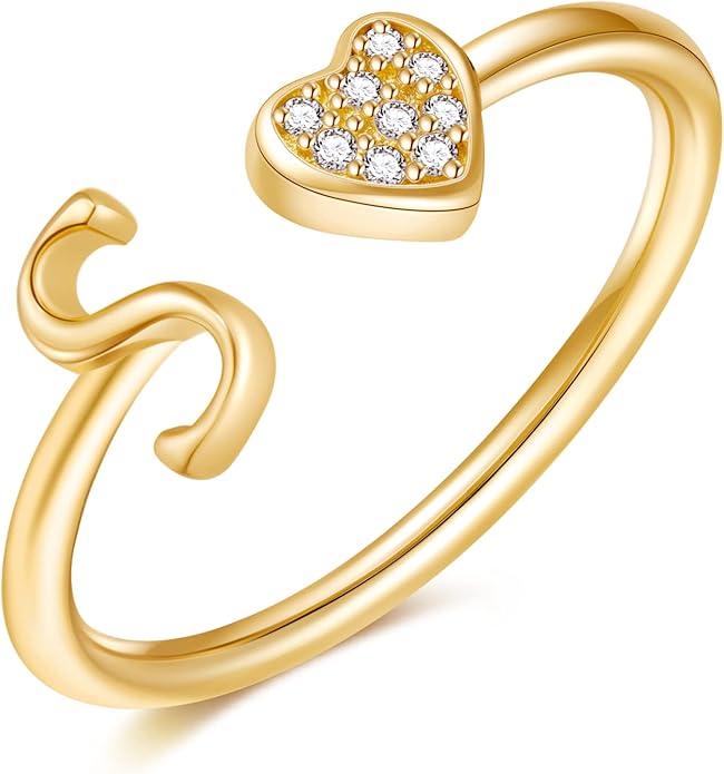 Valentines Day Gift Initial Rings for Teen Girls - S925 Heart Sterling Silver Rings for Teen Girls | 14K Gold/Rose Gold/Sterling Silver Plated Ring for Girls Kids Women Ring for Teenager Girls Gifts Adjustable, No Tarnish, Hypoallergenic