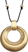 GelConnie Leather Necklace for Women Large Pendant Long Brown Necklace Circle Leather Choker Vintage Sweater Necklace Gold Chunky Boho Necklaces for Women