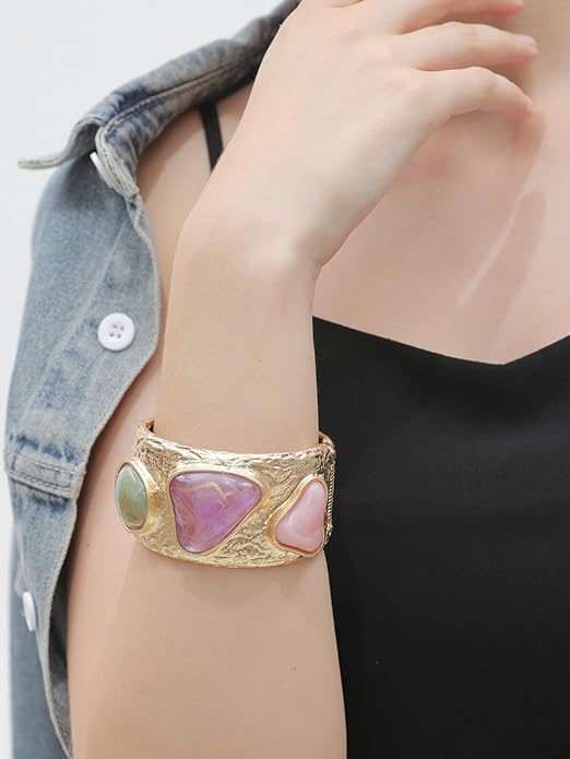 Gold Cuff Bracelet for Women Silver Beaded Bracelets Open Bangle Stackable Stretch Bead Bracelet Boho Jewelry Gifts for Wife Couple