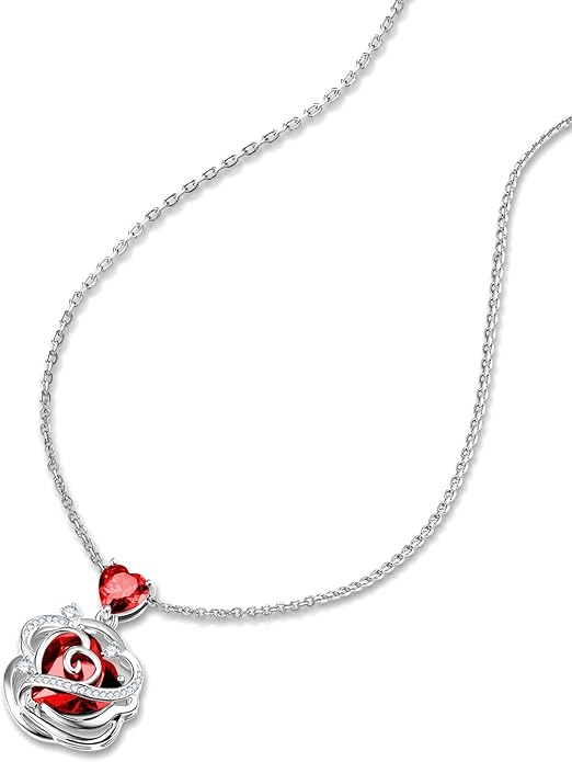 FANCIME Thornless Pulse Heart Birthstone Necklace for Women Sterling Silver Rose Pendant Fine Jewelry Gemstone Birthday Valentines Day Gifts for Wife Her