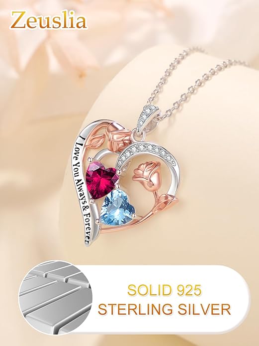Valentine's Day Gifts for Wife 925 Sterling Silver Double Birthstone Pendant Necklaces I Love You for Always and Forever Necklace Anniversary Birthday Gifts for Wife Girlfriend Mom Her