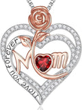 Rose Birthstone Gifts for Mom, S925 Sterling Silver Rose Heart Pendant Birthstone Necklace Mothers Day Valentines Day Christmas Birthday Jewelry Gifts for Mom