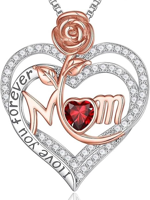 Rose Birthstone Gifts for Mom, S925 Sterling Silver Rose Heart Pendant Birthstone Necklace Mothers Day Valentines Day Christmas Birthday Jewelry Gifts for Mom