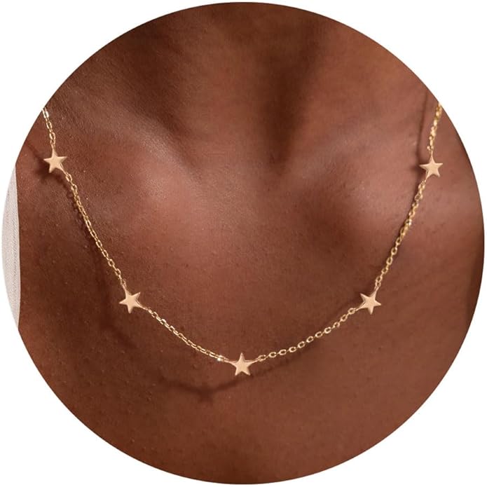 VRIUA Necklaces for Women - 14K Gold/Silver Plated Dainty Chain Necklace with Five Charms: Diamond, Bow, Snowflake, Cross, Flower, Clover, Butterfly, Heart, Star of David, and Star Trendy Jewelry