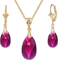 EVEVIC Austrian Crystals Teardrop Pendant Necklace Earrings for Women 14K Gold Plated Hypoallergenic Leverback Drop Dangle Earrings Jewelry Set
