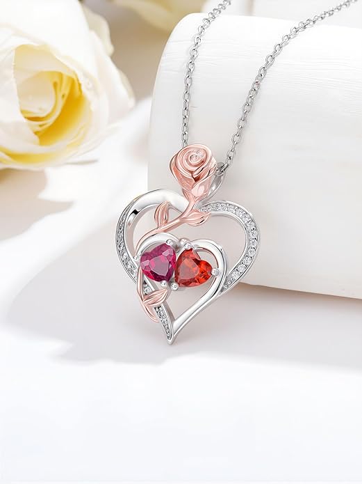 Rose Flower Heart Pendant for Women Birthday Gifts 18k Gold Plated Mother Daughter Necklace with 12 Months Birthstone Christmas Valentines Day Gifts for Her Mom Anniversarry Jewelry for Mom Wife Girlfriend