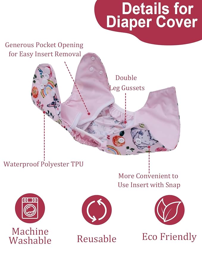 babygoal Cloth Diaper Covers 6 Pack with Wet Bag for Fitted Diapers and Prefolds with Double Gussets, Adjustable and Reusable for Baby Girls 6DCF15-B
