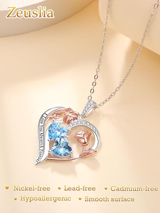 Valentine's Day Gifts for Wife 925 Sterling Silver Double Birthstone Pendant Necklaces I Love You for Always and Forever Necklace Anniversary Birthday Gifts for Wife Girlfriend Mom Her