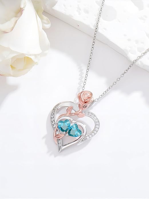 Rose Flower Heart Pendant for Women Birthday Gifts 18k Gold Plated Mother Daughter Necklace with 12 Months Birthstone Christmas Valentines Day Gifts for Her Mom Anniversarry Jewelry for Mom Wife Girlfriend