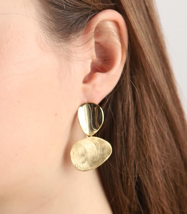 OZEL Gold Dangle Earrings for Women Brushed Finish, Matte Gold Statement Jewelry, 14k Gold Plated