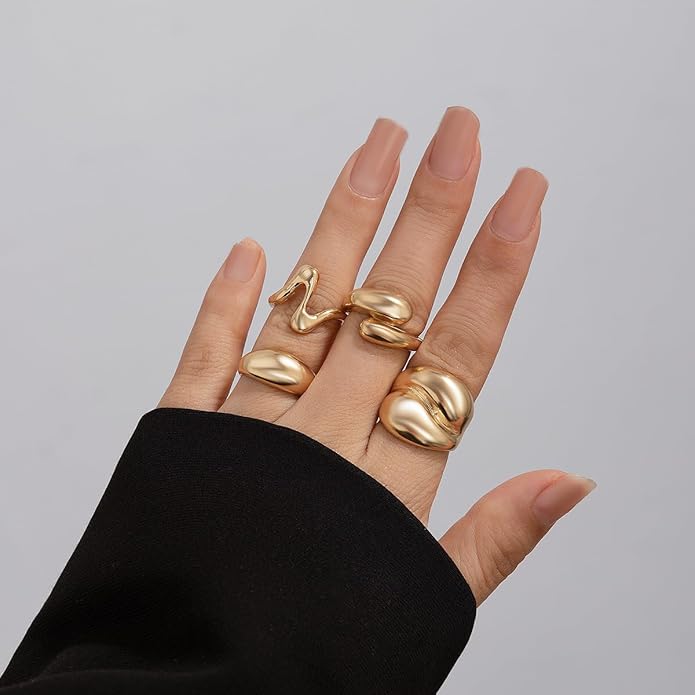 MIFYNN Chunky Gold Rings for Women Gold Silver Adjustable Thick Ring Fashion Statement Ring Open Dome Ring Chunky Silver Rings Geometric Curved Minimalist Simple Rings