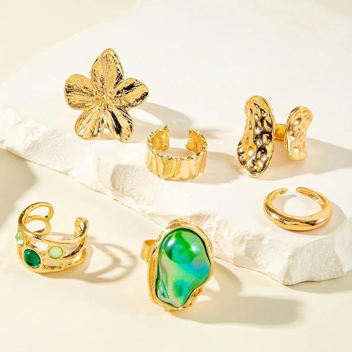 Gold Chunky Baroque Pearl Flower Rings Set,Hammered Open Adjustable Colorful Crystal Knuckle Finger Ring,Punk Party Jewelry Accessories Gift for Women