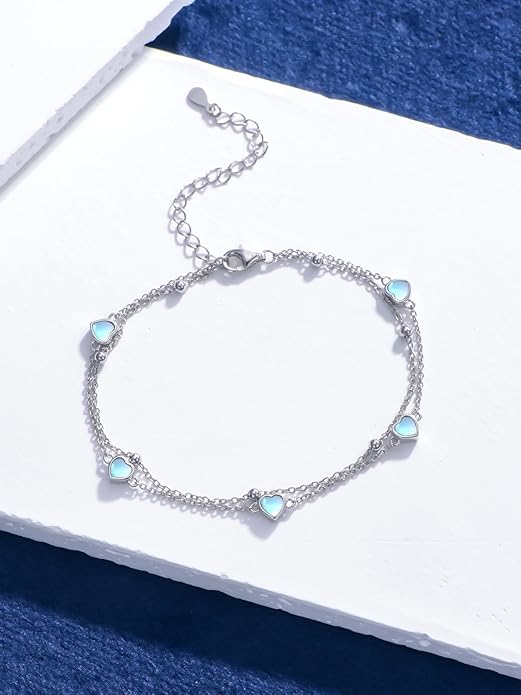 Birthstone Anklet/Bracelets for Women 925 Sterling Silver Charm Link Double Strand Heart Birthstone Jewelry Gift for Wife Women Mother's Day Gift