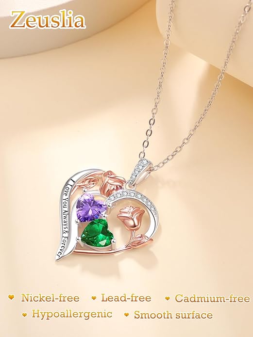 Valentine's Day Gifts for Wife 925 Sterling Silver Double Birthstone Pendant Necklaces I Love You for Always and Forever Necklace Anniversary Birthday Gifts for Wife Girlfriend Mom Her