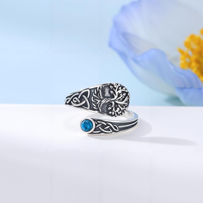 PELOVNY Spoon Rings for Women 925 Sterling Silver Vintage Cross Tree of Life Turquoise Adjustable Thumb Rings Jewelry Gifts for Women Men