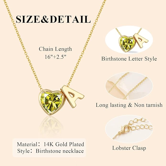 Valentines Day Gifts for Her- Heart Birthstone Initial Necklace for Women Girls,14K Gold Plated Heart Letter A-Z Necklace Birthday Trendy Jewelry Gifts for Women Girls Daughter