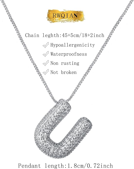 RWQIAN Letter Necklace for Women Bubble, Chunky Initial Alphabet A-Z Pendant Puffy Name Personalized Necklace Dainty Zircon CZ Fashion Jewelry Gifts for Girls Girlfriend