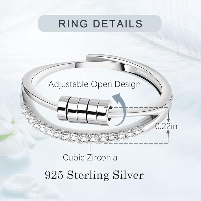 Vito 925 Sterling Silver Fidget Anxiety Ring for Women, Adjustable Open Spinner Ring Stress Relief Ring Stacking Band Anillos Jewelry Gift for Mom Daughter