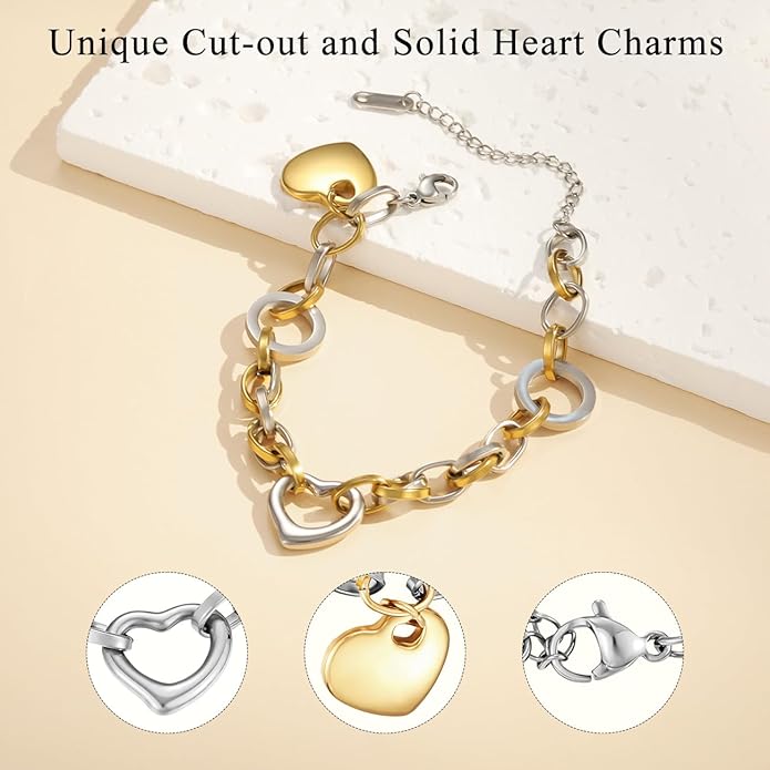 Emibele Heart Charm Bracelet for Women, Bible Verse Bracelet Stainless Steel 18K Gold Plated Bracelet Love Pendant Link Chain OT Clasp, Birthday Christmas Jewelry Gift for Mother Her