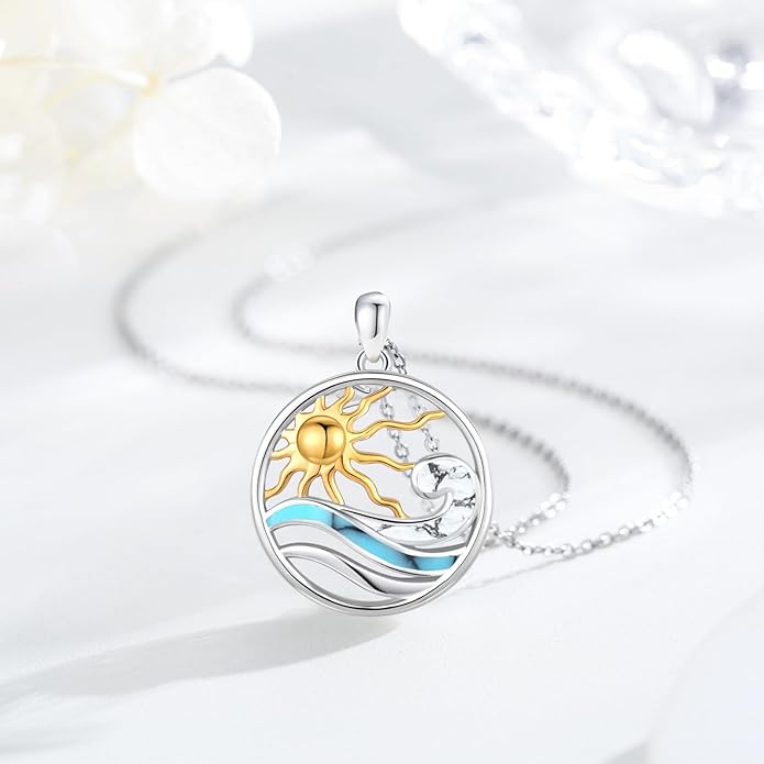 Midir&Etain Ocean Necklace 925 Sterling Silver Blue Opal Necklace Starfish/Flip Flop/Shark Pendant Beach Ocean Jewelry for Women