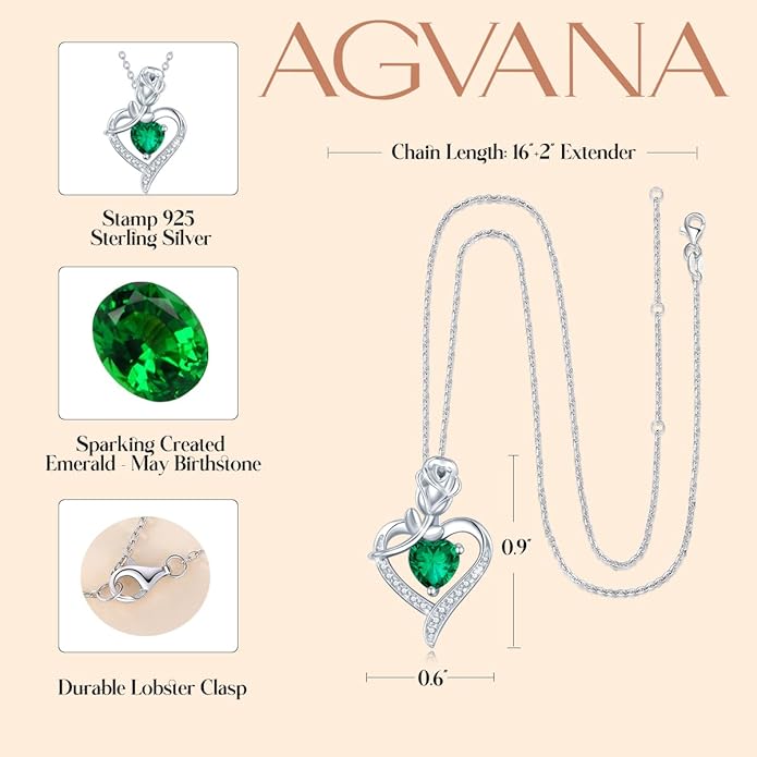 AGVANA Valentines Day Gifts Rosy Reverie Birthstone Necklace for Women Sterling Silver Genuine or Created Gemstone Rose Flower Heart Pendant Necklace Anniversary Birthday Gifts for Women Mom Wife Her