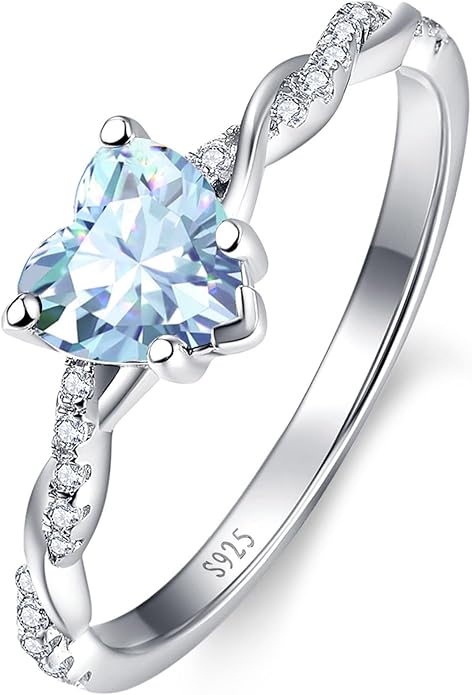 1.25ct Womens Heart Promise Ring, 925 Sterling Silver Heart Cut Created Emerald/Sapphire/Amethyst/Ruby/Cubic Zirconia/Opal Twisted Vine Engagement Ring for Women Size 5-10