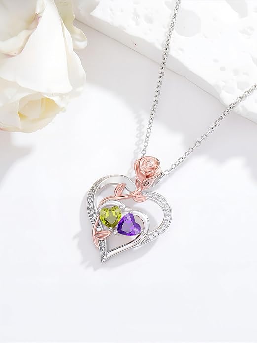 Rose Flower Heart Pendant for Women Birthday Gifts 18k Gold Plated Mother Daughter Necklace with 12 Months Birthstone Christmas Valentines Day Gifts for Her Mom Anniversarry Jewelry for Mom Wife Girlfriend