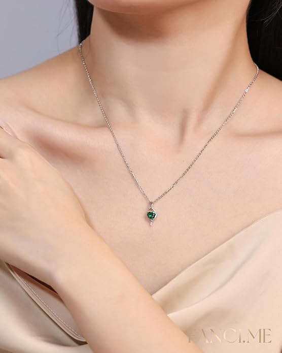 FANCIME 14K Solid White Gold Birthstone Necklace Genuine or Created 6mm Heart Gemstone Pendant with Lab Grow Diamonds Sterling Silver Chain Fine Jewelry Anniversary Birthday Gifts for Women 16" + 2"