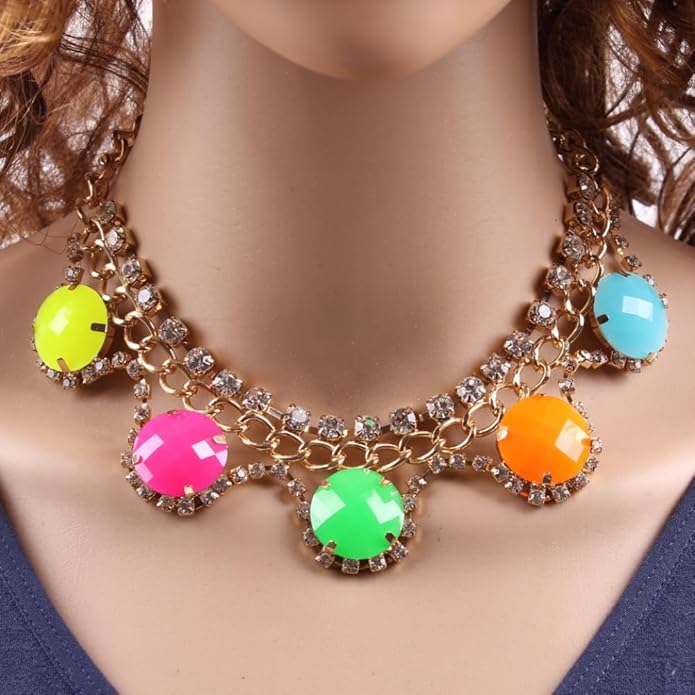 Colorful Round Pendant Necklace for Women Gold Color Chain Glass Crystal Rhinestone Bead Statement Ladies Metal Alloy Jewelry