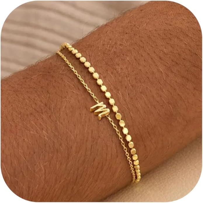 Initial Bracelets for Women, Dainty 14K Gold Plated Layered Letter Bracelet, Trendy Charm Stackable Jewelry Valentines Day Gift for Her
