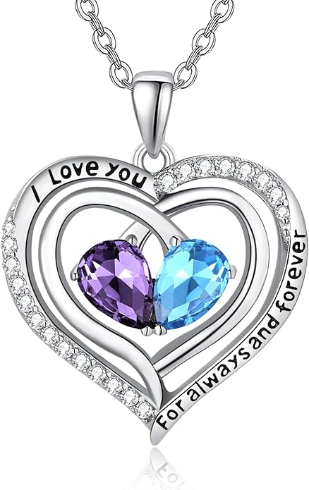 Valentine's Day Gifts for Wife 925 Sterling Silver Double Birthstone Pendant Necklaces I Love You for Always and Forever Necklace Anniversary Birthday Gifts for Wife Girlfriend Mom Her