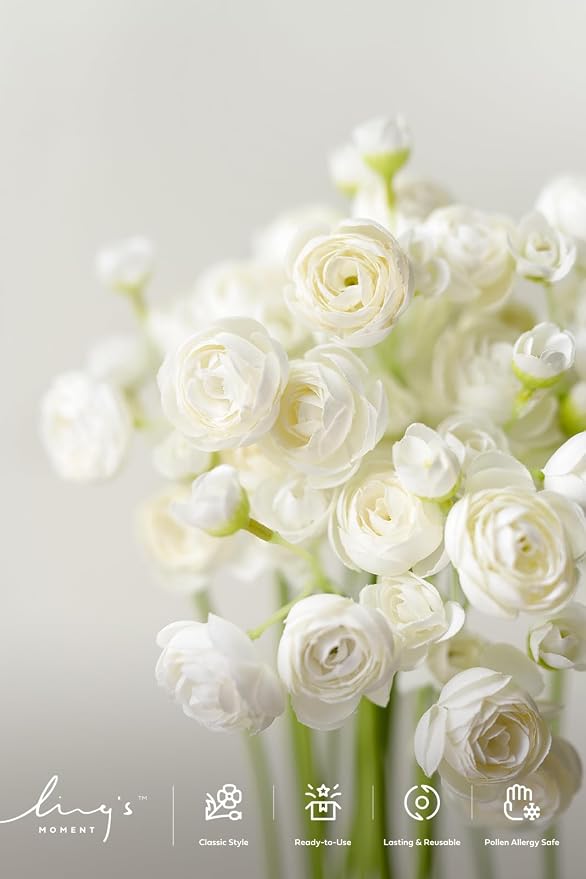 Ling's moment Fake Flowers Artificial Flower Faux Silk Ranunculus Ivory | Silk - Image 3