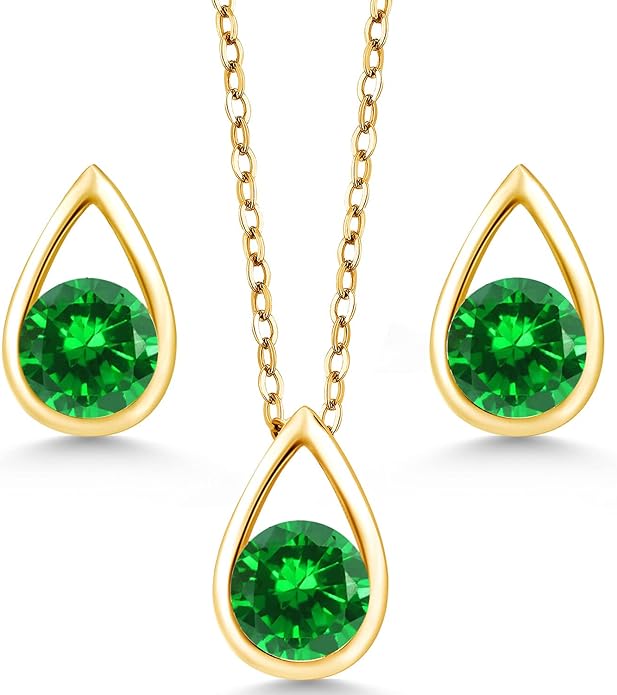 Gem Stone King 18K Yellow Gold Plated Silver 5MM Round Gemstone Birthstone Teardrop Pendant Earrings Set | Jewelry Set for Women | With 18 Inch Chain