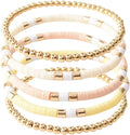 GOOJIDS Surfer Heishi Clay Bead Bracelets for Women Bohemian Stackable Gold Plated Beaded Stretch Bracelets Elastic Layering Friendship Bracelets Set Boho Jewelry