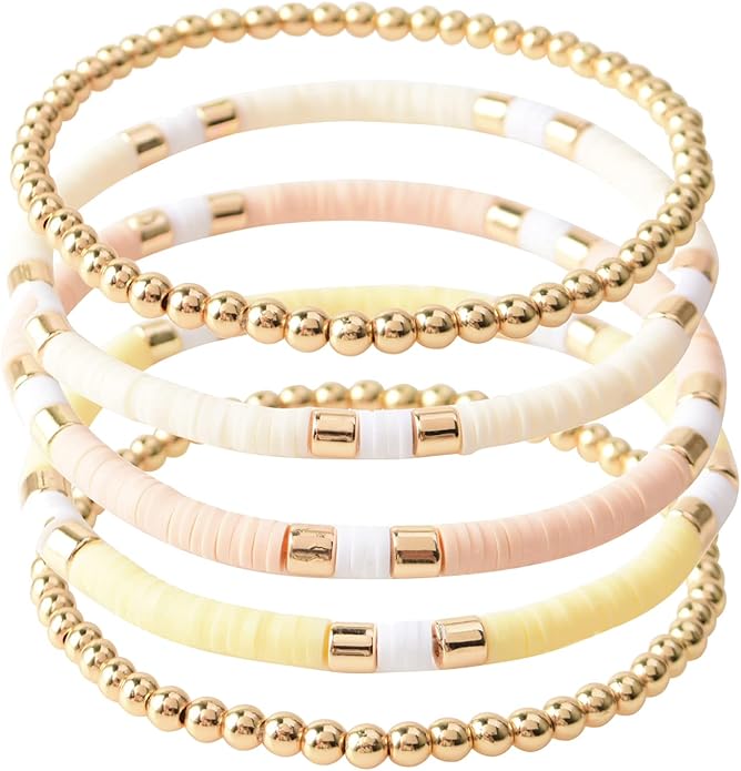 GOOJIDS Surfer Heishi Clay Bead Bracelets for Women Bohemian Stackable Gold Plated Beaded Stretch Bracelets Elastic Layering Friendship Bracelets Set Boho Jewelry