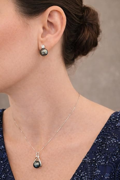 Tahitian Black Pearl Necklace & Earrings Set for Women - Genuine 9-10mm Cultured Tahitian Pearls with Sterling Silver, Premium Gift Box for Anniversary, Birthday, Valentine’s, Mother’s Day