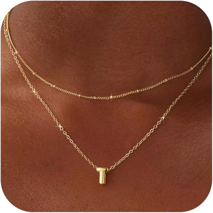 Valentines Day Gifts for Her - Bubble Letter Necklace Layered 14K Gold Plated Initial Necklaces for Women Dainty Cute Choker Pendant Stack Jewelry Fashion Accessories Teen Gift Trendy Stuff